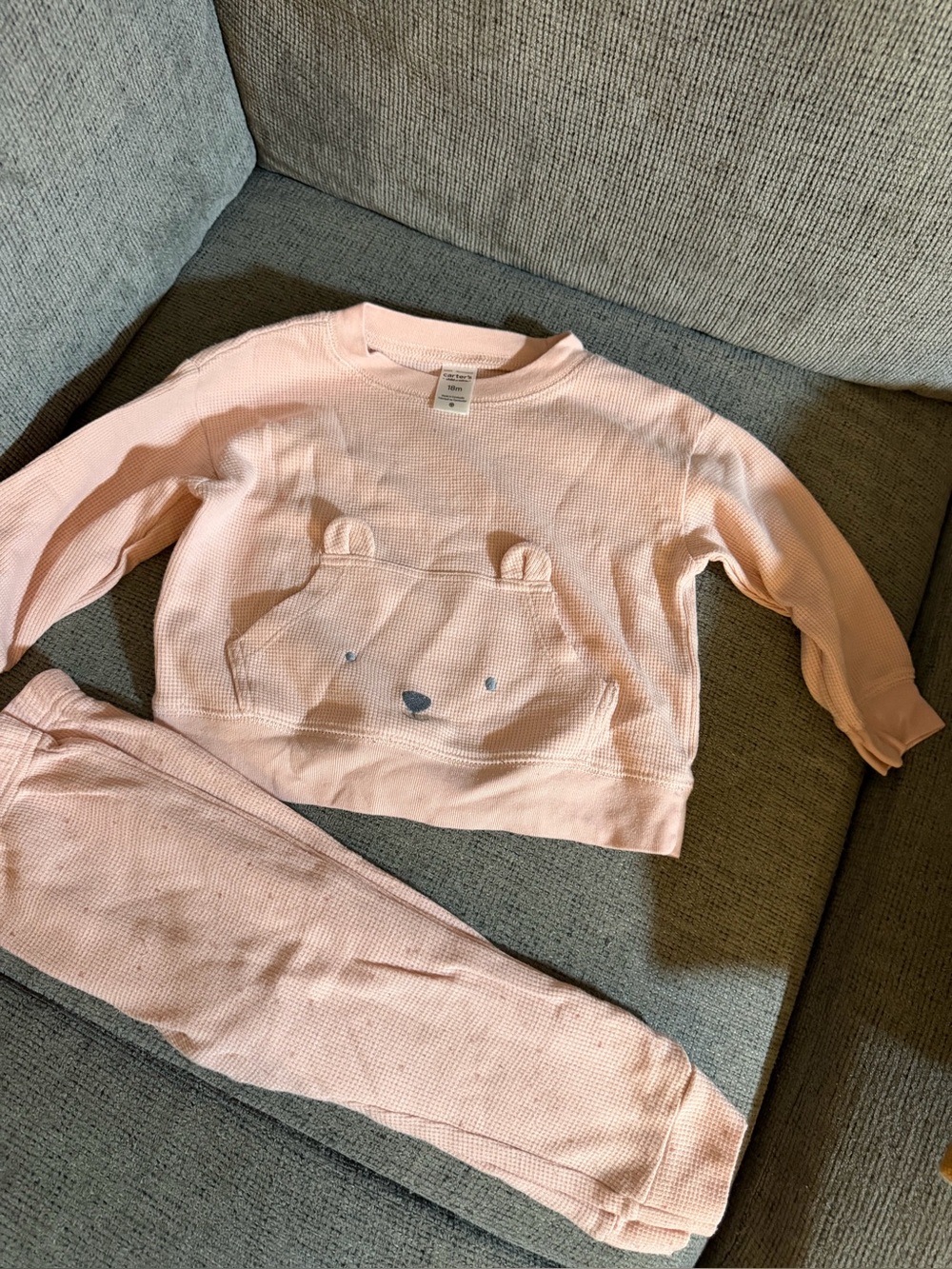 Carter's Light Pink Waffle Knit Bear Pocket Pajama Set